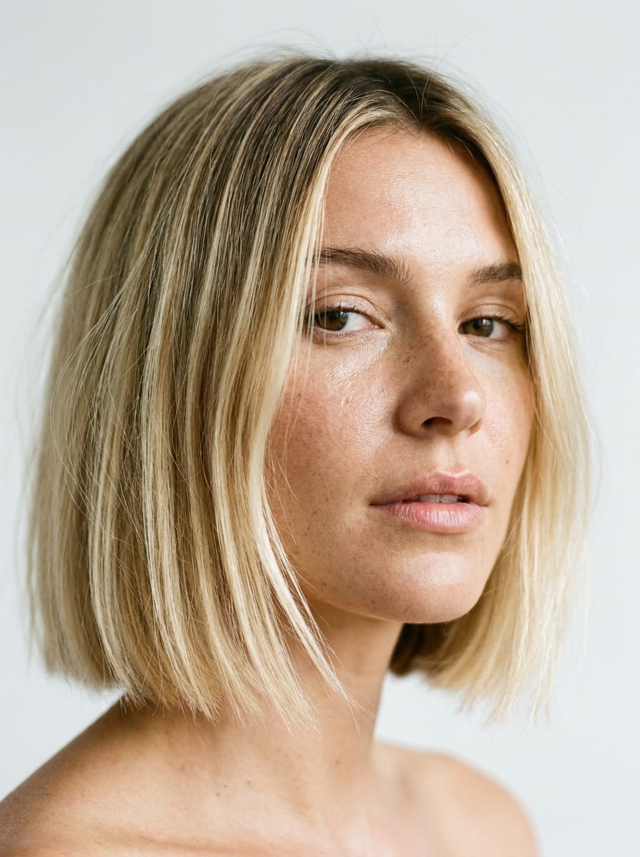 Kurzer Bob mit dunklem Ansatz - Kurzer blonder Bob